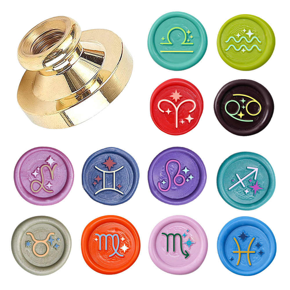 Wax Seal Stamp Kit - ตราประทับขี้ผึ้งลายจักรราศี, ตราประทับขี้ผึ้งหัวเปลี่ยนได้ทำจากทองเหลืองสำหรับตกแต่งของขวัญและการ์ดอวยพร